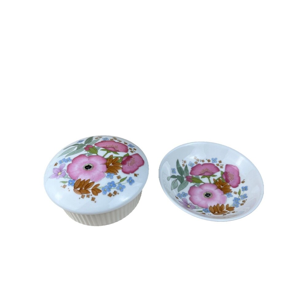 VTG 3pc Wedgwood Bone China Meadow Sweet Floral Trinket Box W/ Lid, Dish Euc